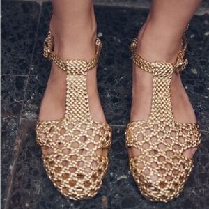 Zara Woven Cage Sandals Gold Women 41 US 10 NWOB Lightweight Flats Comfort